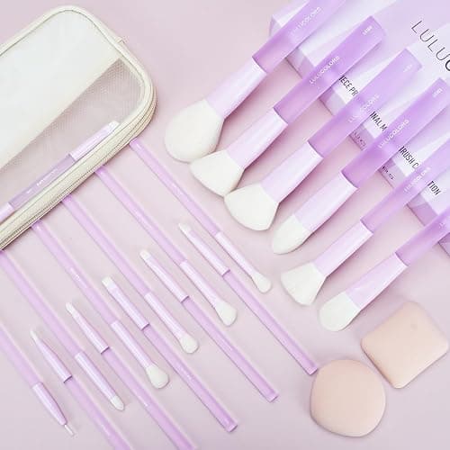 LULUCOLORS 18-Piece Light Purple Professional Makeup Brush Set – Translucent Rubberized Handles, Soft Synthetic Bristles for Face & Eye Makeup–Includes Travel Bag & Sponges, Complete Brush Collection thumbnail 2