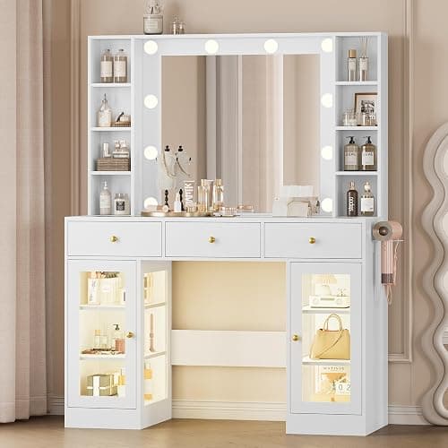 Wodeer Makeup Vanity Desk with Mirror and Lights, White Vanity with Glass Top, LED Lights & Power Outlet, 3 Drawers & 2 RGB Glass Cabinets, Adjustable Lighted Dressing Table for Women & Girls Bedroom - Image 1