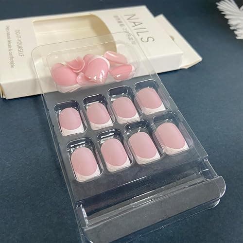 White French Tip Press on Nails Short Square Fake Nails Glossy Pink False Nails with Glue on Nails Reusable Full Cover Stick on Nails Acrylic Artificial Nails for Women DIY Nails Art Decoration thumbnail 4