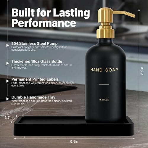 Prus Waso Soap Dispenser Bathroom Set, Hand and Lotion Dispenser with Stainless Steel Pump, Perfect for Black and Gold Bathroom Decor. (Gold & Black) thumbnail 3