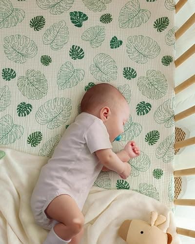Blissful Diary Muslin Crib Sheets for Girl Boy, Boho Neutral Soft Cotton Baby Sheet for 52''x28'' Standard Crib Mattress, 2 Pack(Monstera&Dark Green) thumbnail 4