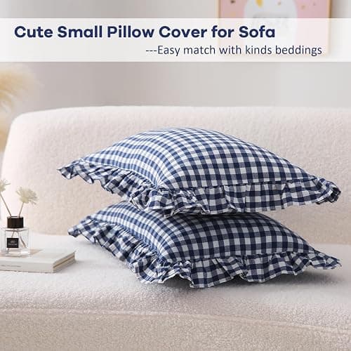 K MASANIJI 2 Pack Navy Blue Plaid Ruffle Gingham Lumbar Pillow Shams, 100% Washed Cotton Linen Feel Checkered Farmhouse Zipper Closure Pillow Covers for Bed/Sofa Zipper Closure - 20"x12" thumbnail 3