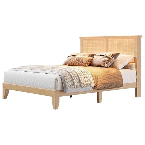 Garvee Bohemian Full Rattan Bed LED Natural Headboard Bedroom | Bohemian full rattan bed with natural headboard, LED lights, solid wood frame. No box spring needed for bedroom use. thumbnail 9