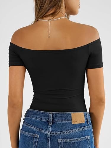 Trendy Queen Summer Off The Shoulder Tops for Women Going Out Short Sleeve Shirts Cute Y2K Sexy Basic Clothes 2026 Fashion thumbnail 4