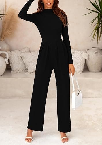 PRETTYGARDEN Long Sleeve Wide Leg Jumpsuits for Women | Soft Stretchy Mock Neck, One Piece Travel Outfit, Comfy Pockets, Elegant Romper for Fall Spring Work, Casual Outing & Cruise thumbnail 7