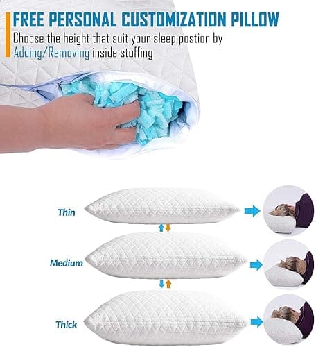 Shredded Memory Foam Pillows for Sleeping,Bed Pillows Queen Size Set of 2 Pack Cooling Adjustable,Good for Side and Back Sleeper with Washable Removable Cover thumbnail 3
