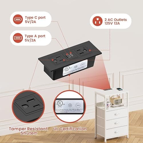 RVHOME White Nightstand with Charging Station & Voice Control LED Light, 28.3" Night Stand with 3 Fabric Drawers, End Table Side Furniture with Tamper-Resistant Outlets, USB Type C Port thumbnail 4