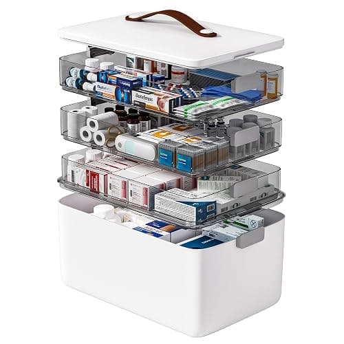 funest 4-Tier Medicine Storage Box Cabinet, Empty First Aid Kit Portable Medical Supply Organizer with Leather Handle for Home - Image 1
