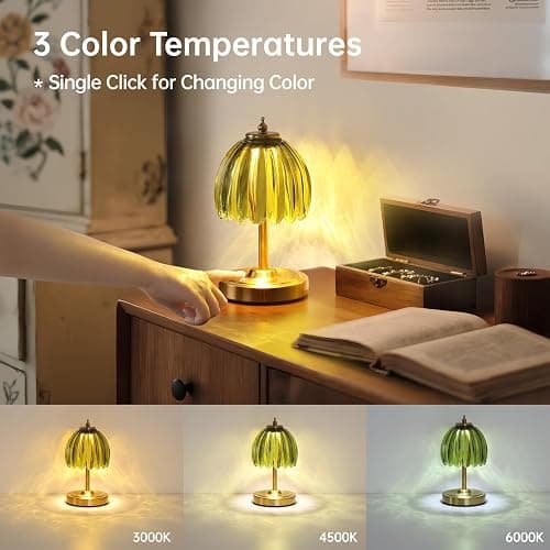 Shenmoyl Tulip Small Table Lamp, 5200mAh Cordless Touch Control Mini Table Lamp with 3 Color Temps & Stepless Dimming, Perfect for Small Spaces Like Dressers, Bedsides, Bookshelves (Green Tulip) thumbnail 4