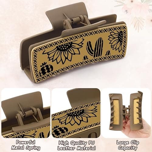 Yussti Western Leather Hair Claw Clips Sunflower Floral Square Claw Clips | for Hairstyling Southwest Cow Print Cowhide Hair Accessories Large Aesthetic Western Cowgirl Stuff Gift for Women Girls thumbnail 3