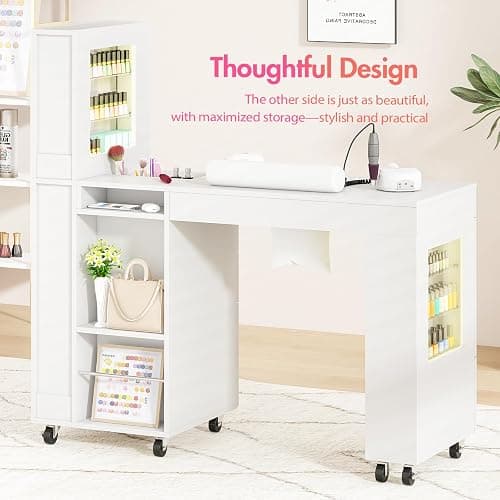 Manicure Table for Nail Tech w/ LED Light Display Cabinet, Nail Desk with Lockable Wheels, Dust Collector, Drawers, Wrist Rest, Acetone-Resistant, for Beauty Salon, Spa & Home Workstation (White) thumbnail 7