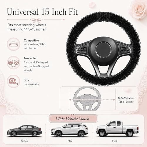 2027 Upgraded 15 Inch Lace Steering Wheel Cover Without Bow，B：O-Shape | Non-Slip Universal Fit Car Wheel Cover Fit, Elegant Bow-Knot Steering Wheel Cover, Stylish Car Interior Accessories thumbnail 4