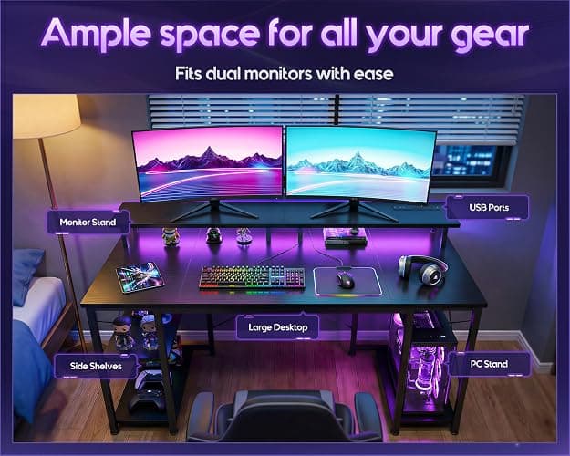 ODK 48 inch Gaming Desk with LED Lights & Power Outlets, Computer Desk with Monitor Stand & Storage Shelves, CPU Stand, Home Office Desk, Black thumbnail 4