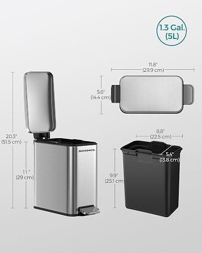 SONGMICS Bathroom Trash Can, 1.3 Gallon (5 L) Small Trash Bin with Lid, Slim for Small Spaces, Stainless Steel Garbage Can, Soft Close, Silver ULTB560E05 thumbnail 6