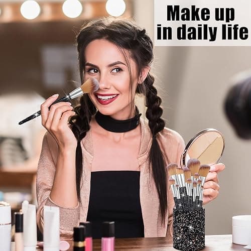 Rtteri 13 Pcs Rhinestone Black Makeup Brushes Set Bling Crystal Professional Face Cosmetics Blending Liquid Foundation Powder Concealer Eye Shadows Make up Beauty Tool Glitter with Holder thumbnail 5