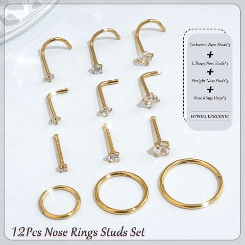 Nose Rings Hoop and Nose Studs Sets for Women Men,Hypoallergenic 316L Surgical Stainless Steel Hinged Clicker Segment Nose Rings Hoop Helix Cartilage Daith Tragus Sleeper Earrings Silver Gold Black L Shape/Corkscrew/Straight Nose Studs Real Body Piercing Jewelry thumbnail 5