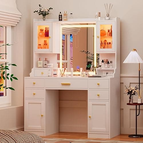 White Makeup Vanity Desk with Mirror and Lights, Large Vanity Table Set with Charging Station, Dressing Table with RGB Cabinets, Makeup Vanity Mirror with Light Desk and Drawers, 3 LED Lights Modes