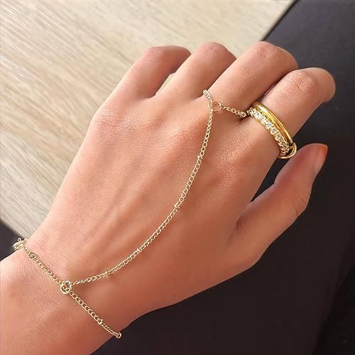 3PCS 14K Gold-Plated Hand Chain Bracelets for Women, Stack Bracelets Set Adjustable, Trendy Dainty Ring Bracelet Hand Chain thumbnail 4