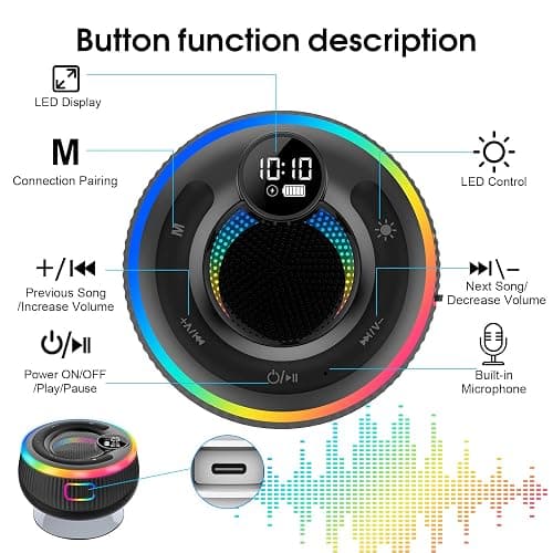Bluetooth Speaker, Shower Speaker Stereo Sound, IPX7 Waterproof Speakers, Digital Display Portable Speaker with Suction Cup, LED Light, Small Wireless Speakers for Outdoor Party Beach Bathroom, Black thumbnail 3