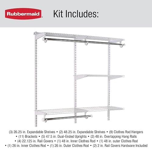 Rubbermaid Configurations Custom Closet Kit 4-8 Ft. Adjustable Metal Wire Shelving White Finish Expandable Organization System Hardware Included for Home Closet/Pantry/Laundry/Mudroom thumbnail 6