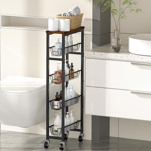 Honest Slim Storage Cart 4-Tier Slim Rolling Cart with Metal Frame and Wooden Top, 6.3 Inches, Storage Cart for Kitchen, Dining Room, Living Room, Bathroom, Home Office, Rustic Brown and Black thumbnail 6