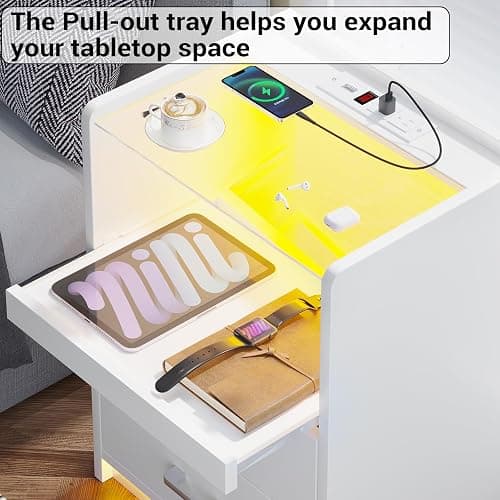 AOGLLATI LED Nightstand with Charging Station, Night Stand with Pull-Out Tray, 2 Drawers, Bedside Table with LED Lights, Modern End Table with USB Ports Outlets, White thumbnail 5