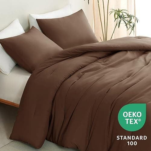 CozyLux Queen Comforter Set Brown, 3 Pieces Solid Breathable Quilted Style Bedding Sets, Luxury Fluffy Soft Bed Set with Down Alternative Comforter for All Season (1 Comforter & 2 Pillowcases) thumbnail 4