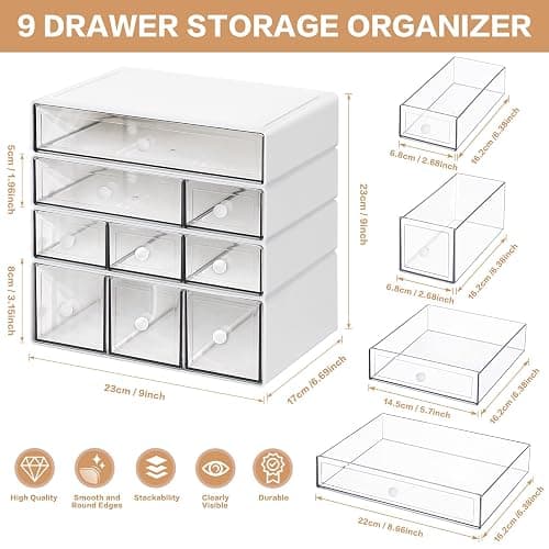FODIENS Desk Storage Organizer with 9 Drawers, 4 Tiers Stackable Desktop Craft Storage Drawers, Clear Storage Box Caddy for Stationary Makeup Jewelry Office Craft Supplies (White) thumbnail 3