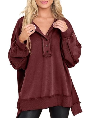 AlvaQ Sweatshirt for Women Oversized Casual Long Sleeve Button Henley Neck Pullover Tunic Tops Fall Fashion Outfits - Image 1