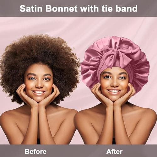2Pcs Silk Hair Satin Bonnet for Sleeping Women,Large Satin Sleep Bonnets for Women with Elastic Tie Band Silk Hair Wrap with Ajustable Straps,Night Sleep Cap for Curly Braids,Black+Rose Gold thumbnail 3