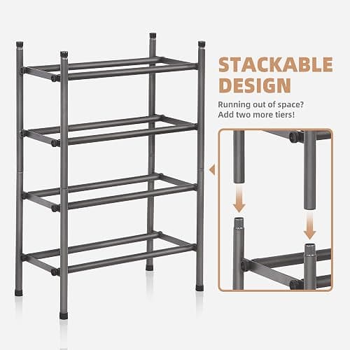 STORAGE MANIAC Expandable Shoe Rack, 8 Pairs Stackable Small Shoe Rack, Metal Adjustable Shoes Organizer for Closet, Entryway, Hallway, Garage, Front Door, Shoes Shelves, Black 2 Tier thumbnail 4