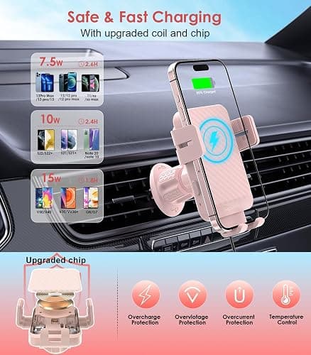 Wireless Car Charger, MOKPR 15W Fast Charging Auto-Clamping Car Charger Phone Mount Air Vent Cell Phone Holder Compatible iPhone 16/15/14/13/13 Pro/12 pro/12/11, for Samsung Galaxy S23/S22/S21, Pink - Pink thumbnail 2