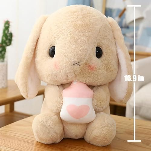 HOUPU Soft Toy - Sitting Lop Eared Rabbit, Easter White Rabbit Stuffed Bunny Animal with Carrot Soft Lovely Realistic Long-Eared Standing Pink Plush Toys (Brown-Milk Bottle,16.9in/43cm) thumbnail 3