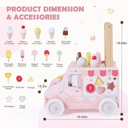 labebe Wooden Baby Walker, Push Activity Walker for Kids 12M+, Multifunctional Ice Cream Cart Activity, Adjustable Speed Learning Walking with Wheels, Birthday Gift for Girls Boys Ages 1-3 (Pink) thumbnail 2