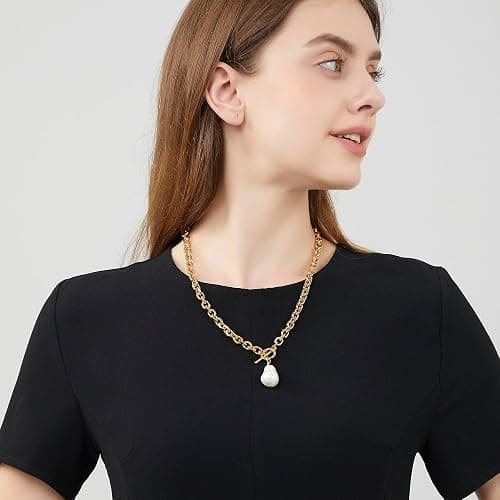 HUONGWIN Link Chain Toggle Clasp Baroque Pearl Necklace for Women 14k Gold Plated Charm Pendant Chunky Necklaces For Women Trendy thumbnail 6