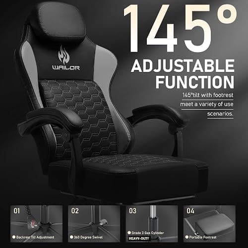 WAILOR Gaming Chair with Pocket Spring Cushion, Video Game Computer Chair with Footrest for Adults, High Back Gamer Leather Chair with Headrest and Lumbar Support for Office Gaming 300LBS thumbnail 7