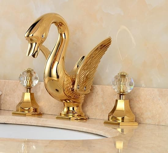 YCCUZA Widespread Bathroom Faucet Swan Design Gold Two Handles 3 Holes 8-16 Inch Bathroom Sink Faucet Lavatory Mixer Tap with Water Supply Hose Deck Mount Bathtub thumbnail 2