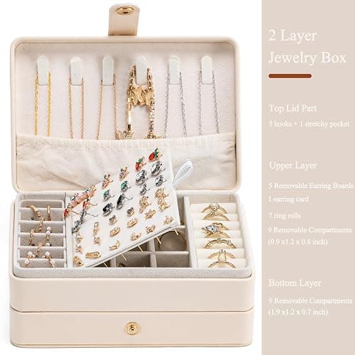 Travel Jewelry Case, 2-Layer Large Jewelry Organizer Box, Beige, PU Leather | Simple & Fashion, Travel Size, Gifts for Mother, Portable Jewelrys Storage Display Holder for Earrings, Necklaces, Bracelets thumbnail 4