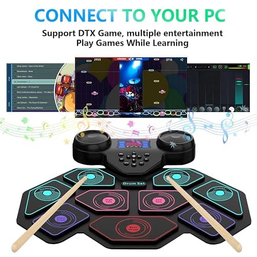 Electronic Drum Set - YUOIOYU Electric Drum Set Roll Up Portable Drum Kit MIDI Practice Drum Pad with Dual Built-in Speaker, Drum Sticks and Pedals, Christmas Birthday Gift for Kids Adult thumbnail 2
