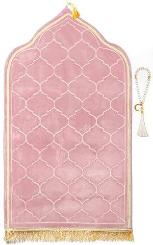 YAZEIN Muslim Prayer Rug with Tasbih Prayer Beads, Soft Memory Foam Prayer Matt Islam, Padded Islamic Prayer Mat Thick for Men and Women, Janamaz, Sajadah (25.6" x 43.3", Pink) - Image 1