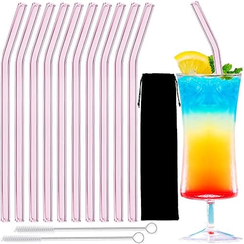 10 Pack Reusable Pink Glass Straws, 8" Shatter-Resistant Bent Drinking Straws for Smoothies, Milkshakes, Hot/Cold Drinks, with 2 Cleaning Brushes Dishwasher Safe Fits Tumblers, Tervis, Mason Jars - Image 1