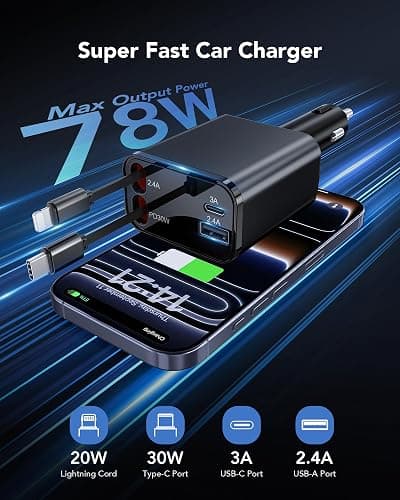 2026 Updated 78W Retractable Car Charger, 4-in-1 Fast Car Phone Charger with 2.6ft Two Retractable Cables and USB C+USB A Car Charging Block Cube, Compatible with iPhone 13 14 15 16 17 Pro Max, Plus thumbnail 2