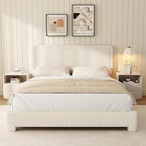 Queen Size Boucle Bed Frame, Modern Cream Bed Frame with Headboard, Soft Rounded Corners, No Box Spring Required, Adjustable Headboard, Easy Assembly thumbnail 4