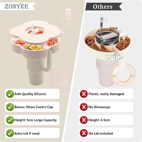 Zonyee Snack Bowl with Lid for Stanley 30 oz Tumbler with Handle, Silicone Snack Tray Snack Ring for Stanley Cup Accessories, Suitable for Car Cup Holder or Outdoor, Rose Quartz thumbnail 3