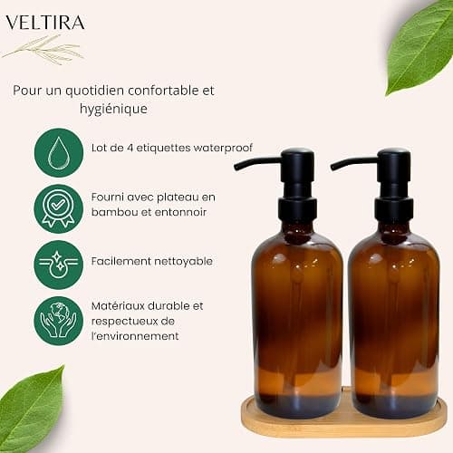 Distributeurs de Savon en Verre - Pack de 2 - Savon Mains - Liquide Vaisselle - Gel Douche - Shampoing - Plateau en Bois, Entonnoir Plastique, Etiquettes - Accessoires Salle de Bain Cuisine (Ambre) thumbnail 5