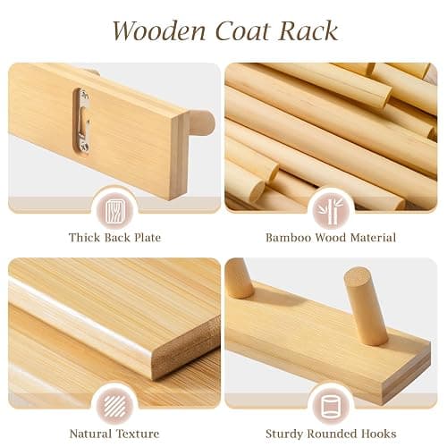 HOMEBROS Coat Rack Wall Mount, Wooden Coat Hanger with 5 Hooks, Heavy Duty, Natural, 1 Pcs thumbnail 4