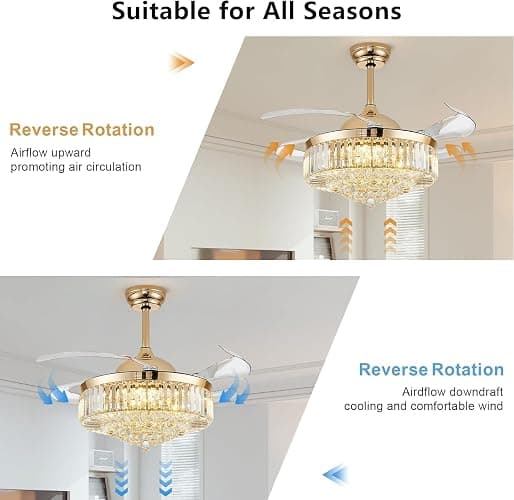 Deliyfans 42'' Fandelier Ceiling Fans with Light, Chandelier Ceiling Fan, Retractable Crystal Ceiling Fan for Bedroom, Living Room, 3 Color Change, LED Dimmable, 6 Speeds, Reversible DC Motor-Gold thumbnail 6