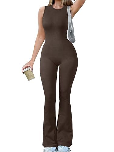 OQQ Women Yoga Jumpsuits Ribbed Crew Neck Sleeveless Bell Bottoms Flare Jumpsuits - Image 1