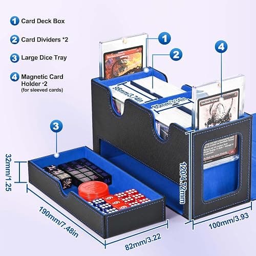UAONO Card Deck Box for MTG, Double Deck Storage Box with 2 Commander Display & 1 Dice Tray, Fits 200+ Double Sleeved, Card Organizer for CCG TCG Sports (Black Blue) thumbnail 2