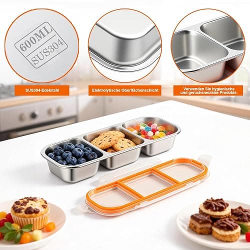 Snackbox,2 Stück Edelstahl Snack-Behälter mit Fächern und Transparent Kunststoff-Deckel, Stapelbar Edelstahl Lebensmittel Lagerung Brotzeit Behälter,Tragbare Snack-Platten für Schule Arbeit Camping thumbnail 3